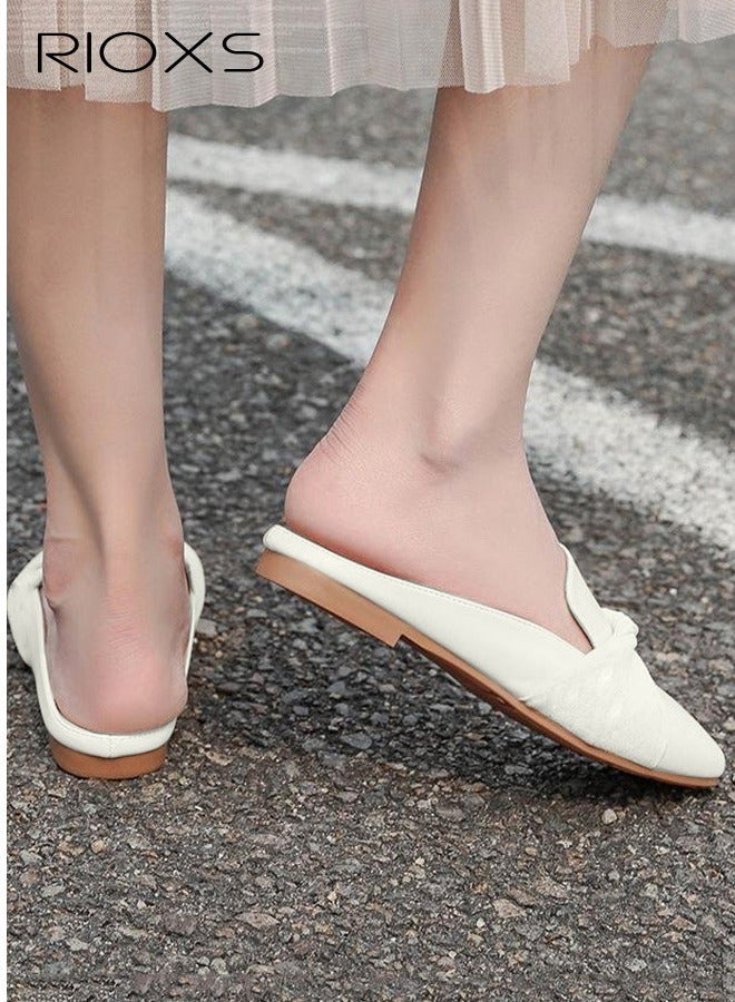 RIOXS Women's Flat Mules, Simple Fashion Cross Line Mules Shoes, Low Heel Slippers Square Toe Backless Shoes, Slip On Flat Shoes, Comfortable Mules For Women, Casual Dress Flats For Bussiness And Daily Wear - Image 2